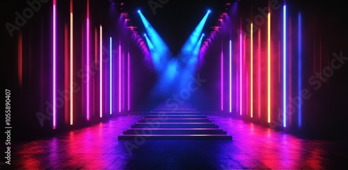 A modern, empty stage setup with vibrant LED lighting in shades of blue, pink, and purple, creating a dynamic atmosphere for events.