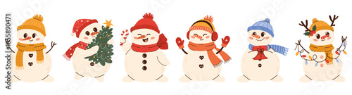 Set of various Cute snowman illustration in children's style on New Year's theme. Snowman in a hat, mittens scarf and headphones.  Flat vector illustration isolated on white background