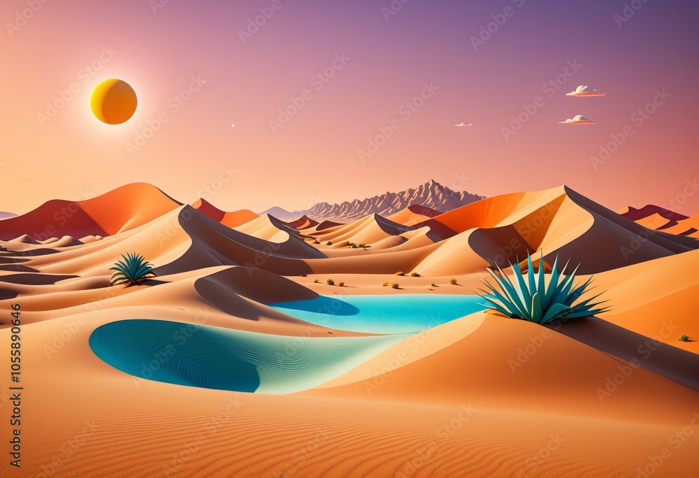 Surreal desert landscape with vibrant dunes and oasis under a setting sun Surreal desert landscape with vibrant dunes and oasis under a setting sun