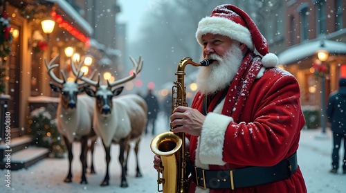 Santa Claus serenades a snowy Christmas street, playing a saxophone while two reindeer watch nearby, creating a magical festive scene. photo