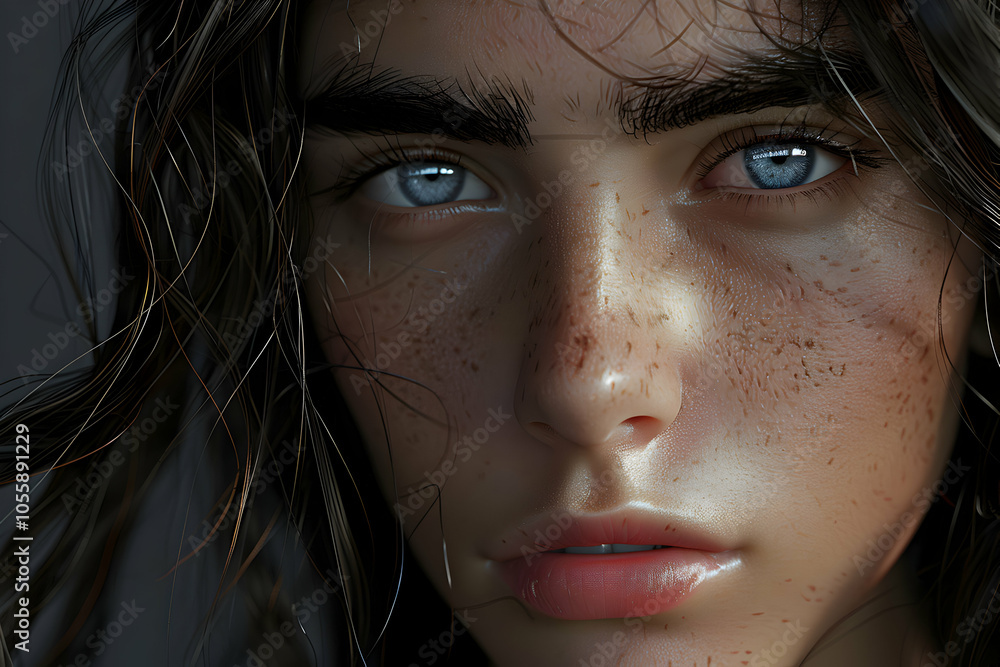 A close-up portrait of a person with striking blue eyes and freckles, showcasing realistic detail. A close-up portrait of a person with striking blue eyes and freckles, showcasing realistic detail.