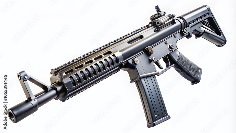 Modern 9mm Automatic Carbine for Police and Military Use on White Background Modern 9mm Automatic Carbine for Police and Military Use on White Background