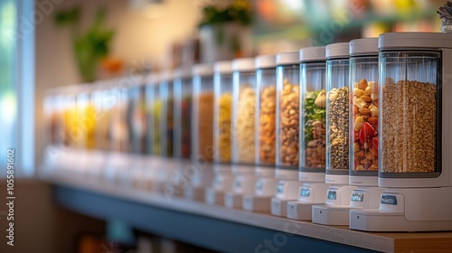 Customers browse dispensers filled with various cereals, nuts, and grains in a zero waste grocery store focused on sustainable and organic food options. photo