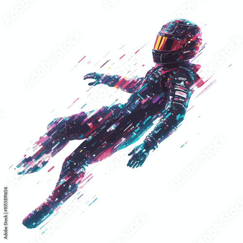 Digital vector of a race car driver floating in space, representing speed, innovation, and futuristic design.