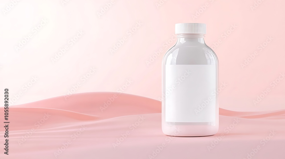 Minimal white plastic bottle mockup with blank label, placed on a soft pastel surface Minimal white plastic bottle mockup with blank label, placed on a soft pastel surface