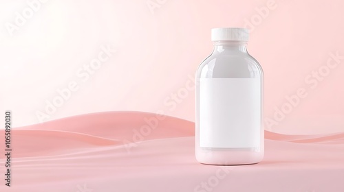 Minimal white plastic bottle mockup with blank label, placed on a soft pastel surface