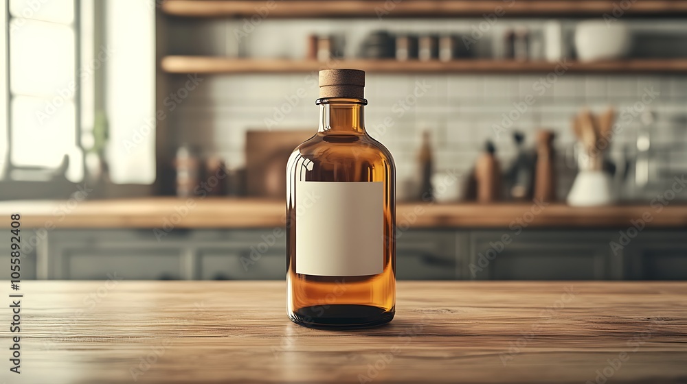 Small amber bottle mockup with blank label, standing on a natural wooden countertop Small amber bottle mockup with blank label, standing on a natural wooden countertop