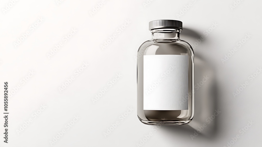 Small, clear glass bottle with a blank label, placed on a white background with shadow details for added depth