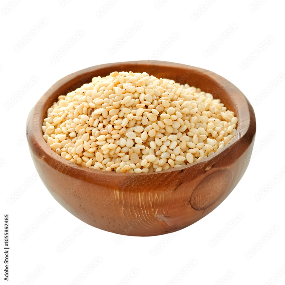 A wooden bowl filled with sesame seeds on a transparent background A wooden bowl filled with sesame seeds on a transparent background