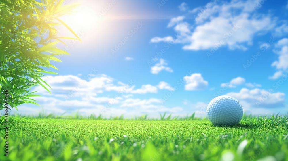 Close up of a golf cart parked on a vibrant golf course with rolling hills and a sunny sky in the background during late afternoon play Close up of a golf cart parked on a vibrant golf course with rolling hills and a sunny sky in the background during late afternoon play