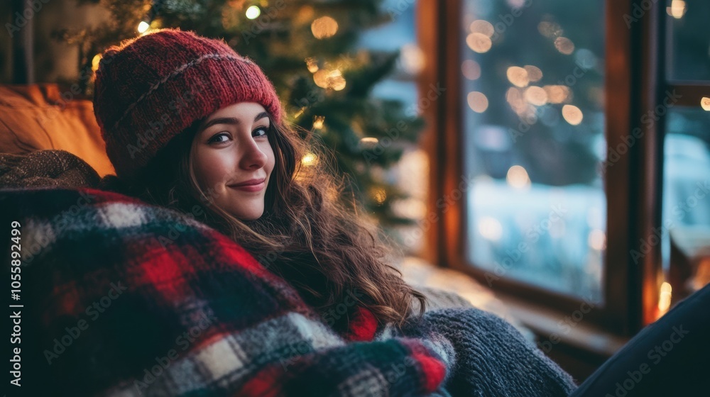 Cozy winter afternoon by the window with warm blankets and lights Cozy winter afternoon by the window with warm blankets and lights