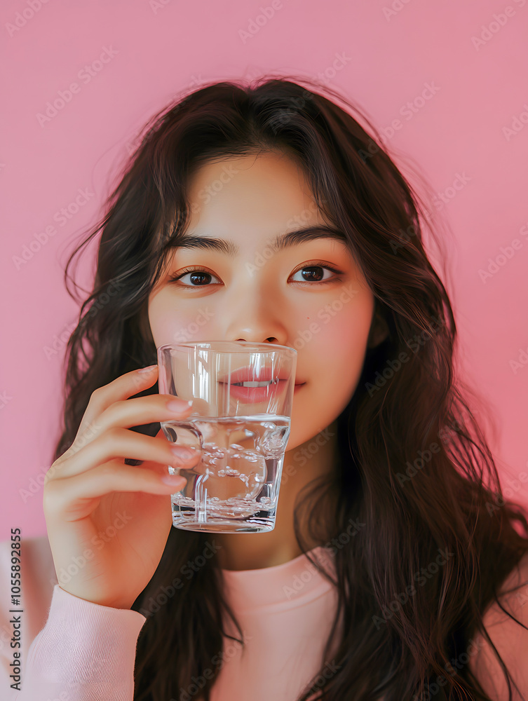 Cute Girl with Water Glass Against Pink Background Cute Girl with Water Glass Against Pink Background