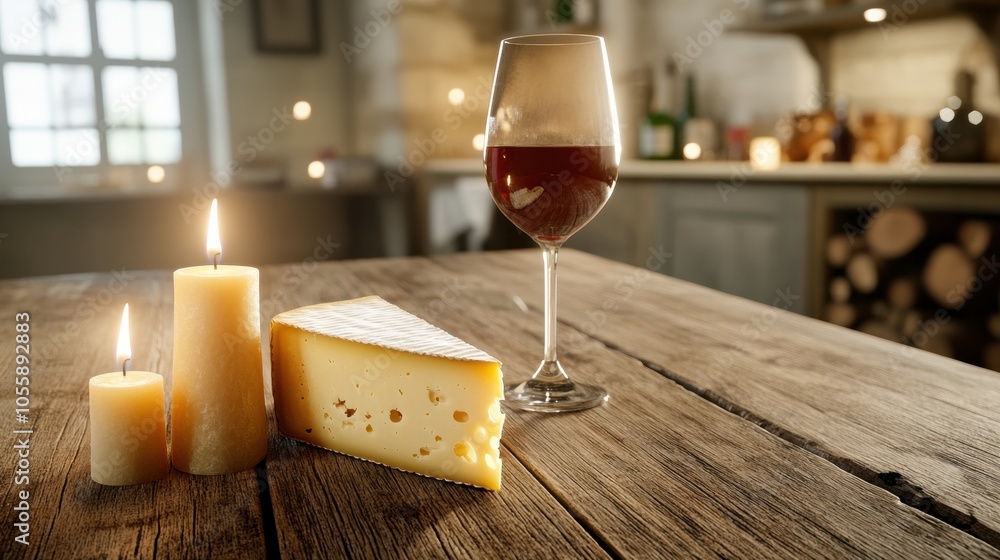 Cheese and wine on rustic table with candlelight ambiance, AI Cheese and wine on rustic table with candlelight ambiance, AI