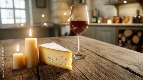 Cheese and wine on rustic table with candlelight ambiance, AI