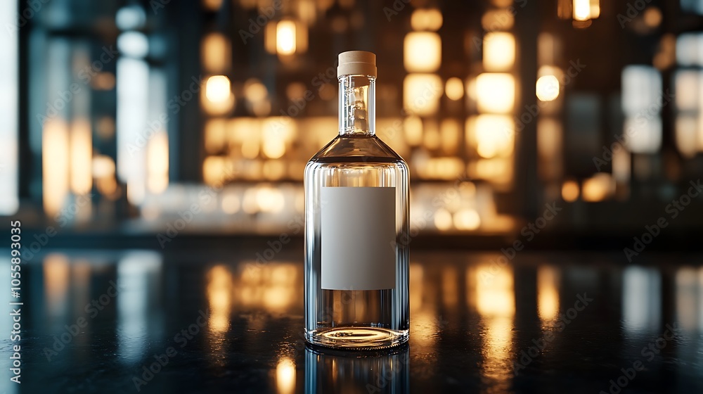 Clear glass bottle mockup with blank label, standing on a reflective surface with modern lighting Clear glass bottle mockup with blank label, standing on a reflective surface with modern lighting