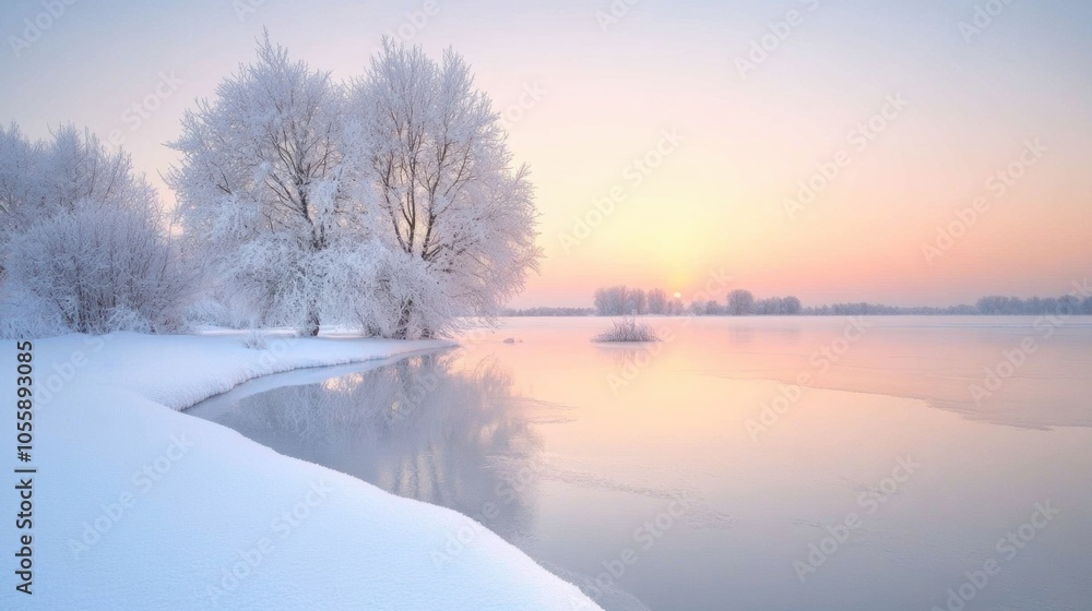 Winter morning serenity by the frozen river at dawn Winter morning serenity by the frozen river at dawn