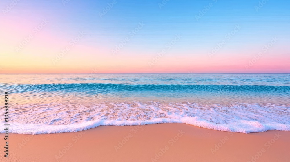 Serene sunset over tranquil beach a captivating view of calming waves and soft sand beneath a colorful sky Serene sunset over tranquil beach a captivating view of calming waves and soft sand beneath a colorful sky