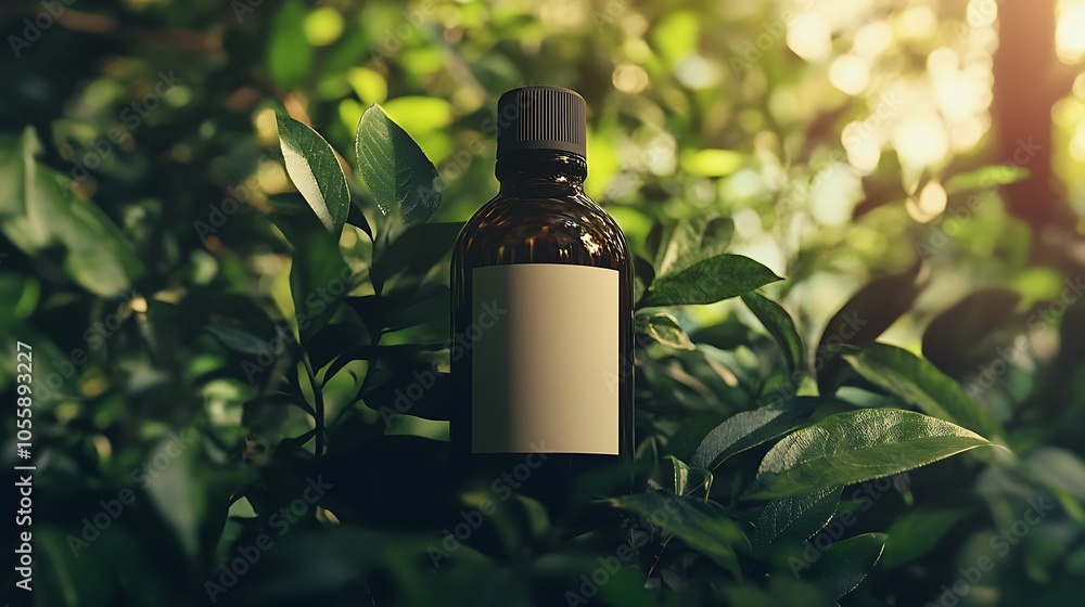 Close-up of an eco-friendly bottle mockup with blank label, surrounded by greenery for a natural feel Close-up of an eco-friendly bottle mockup with blank label, surrounded by greenery for a natural feel