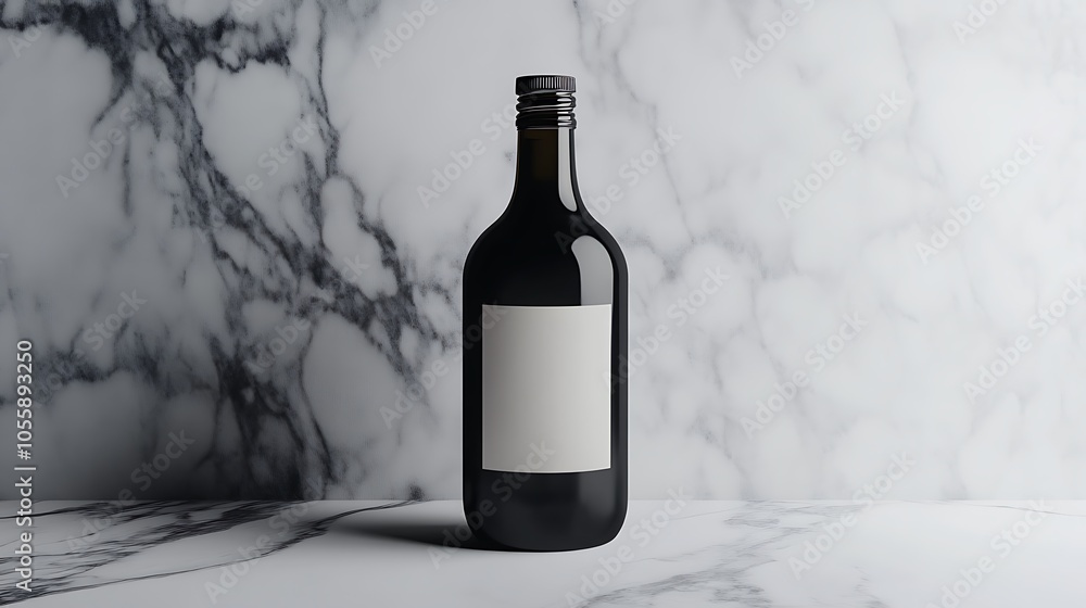 Dark-colored glass bottle mockup with blank label, set on a marble countertop with a clean, modern look Dark-colored glass bottle mockup with blank label, set on a marble countertop with a clean, modern look