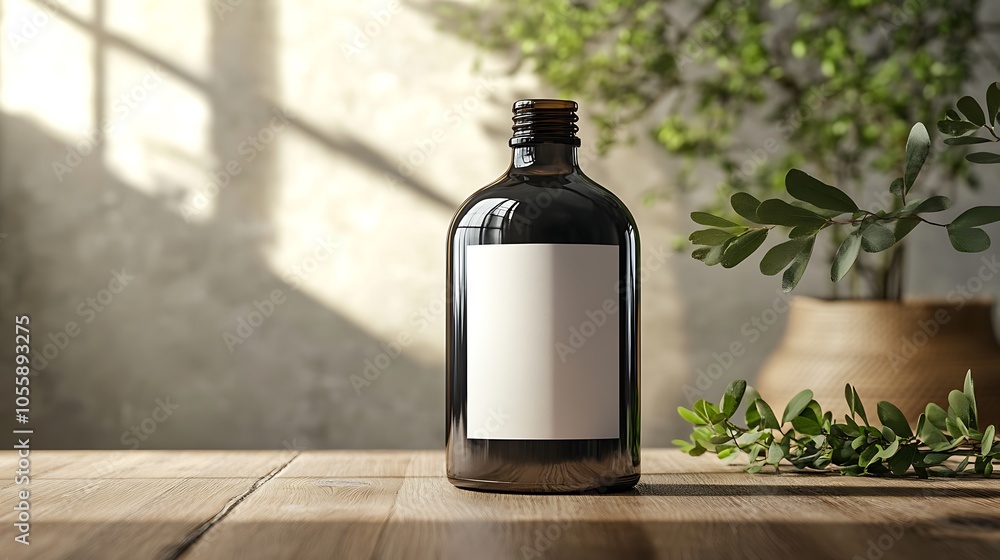 Glass bottle mockup with a blank, customizable label, standing on a wooden surface with soft natural lighting