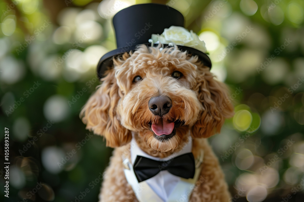A happy golden doodle dog dressed as the groom. A happy golden doodle dog dressed as the groom.