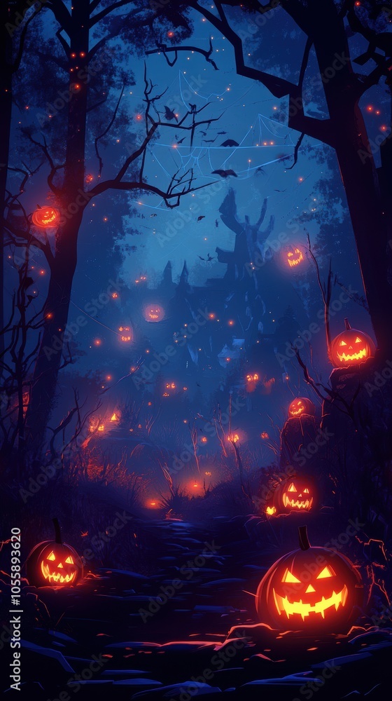 Spooktacular halloween night glowing jack-o'-lanterns and spider webs in a haunting forest Spooktacular halloween night glowing jack-o'-lanterns and spider webs in a haunting forest