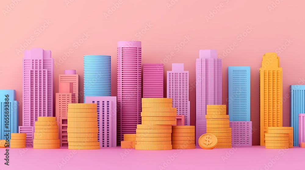 Colorful Cityscape with Financial Elements Colorful Cityscape with Financial Elements