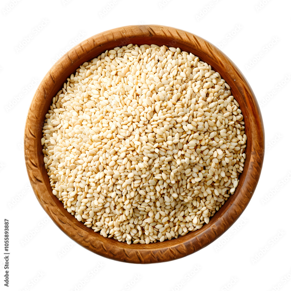 A wooden bowl filled with sesame seeds on a transparent background A wooden bowl filled with sesame seeds on a transparent background