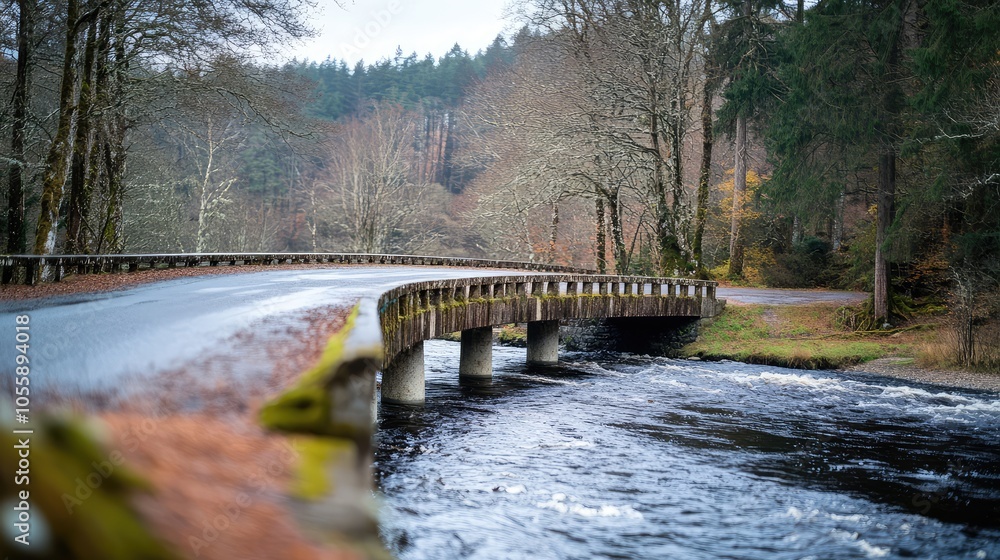 Naklejka premium A country road transitioning into a bridge, spanning over a river as the smooth path rises above the flowing water below