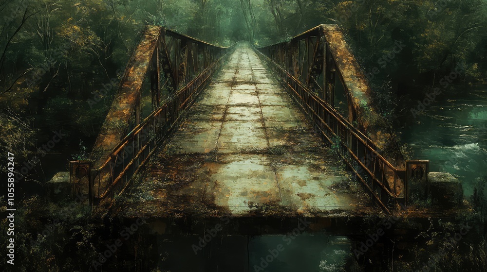A decaying road bridge, its surface cracked and overgrown, with rusted railings and a dark river below A decaying road bridge, its surface cracked and overgrown, with rusted railings and a dark river below