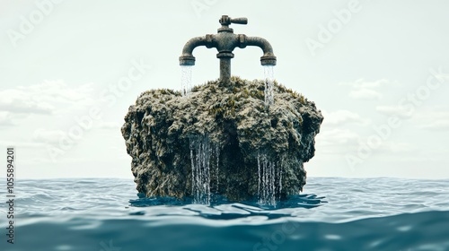 A rusty faucet on a rock island in the ocean, with water flowing from both spouts. photo