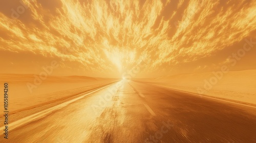 A desert highway with no traffic, where the intense heatwaves cause a rippling mirage, making the road appear to vanish into the sky