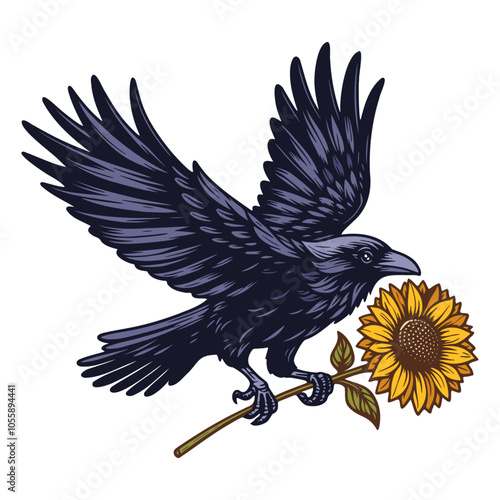 flying raven with a sunflower illustration