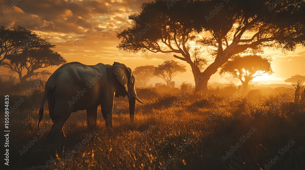 Naklejka premium Elephant at sunset on savanna landscape