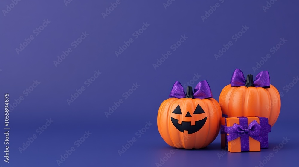 Halloween Pumpkins with Purple Bows and Gift Box Halloween Pumpkins with Purple Bows and Gift Box