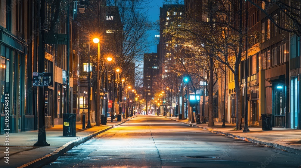 Fototapeta premium A deserted urban street at night, illuminated only by the glow of streetlights with empty sidewalks stretching into the distance