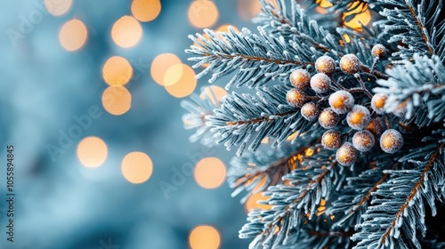 Frostcovered berries on evergreen branches, glistening in the cold winter sunlight, festive detail photo