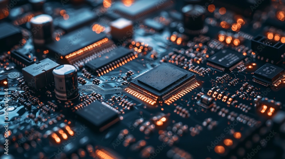 Close-up of a computer circuit board with glowing components Close-up of a computer circuit board with glowing components