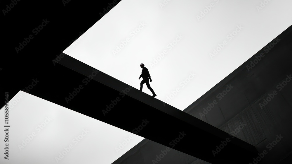 Silhouette of a Person Walking on a Black Beam with a White Background Silhouette of a Person Walking on a Black Beam with a White Background