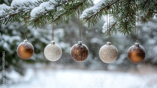 Frostcovered vintage ornaments hanging from a snowdusted pine tree, nostalgic winter holiday scene photo