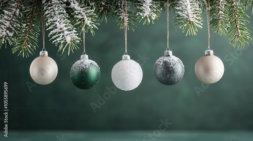 Frostcovered vintage ornaments hanging from a snowdusted pine tree, nostalgic winter holiday scene photo