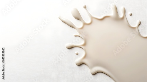 Elegant creamy milk puddle splash captured from high overhead angle against pristine white backdrop in minimalist modern studio setting with clean lighting and smooth textural details photo