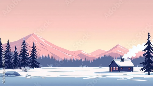 Frosty landscape with a distant view of a cozy cabin and smoke rising from its chimney, cold winter tranquility