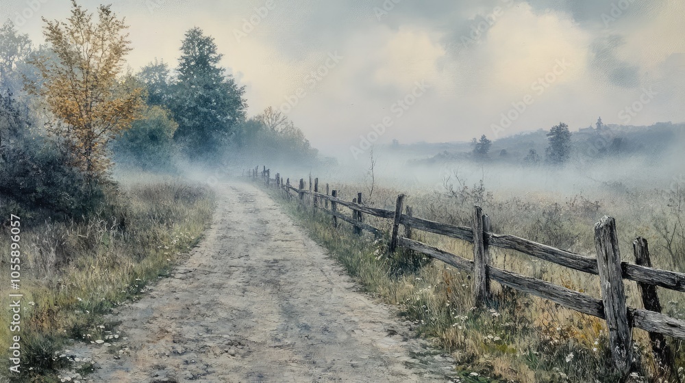 A foggy morning road, with a weathered wooden fence running parallel to the mist-covered landscape