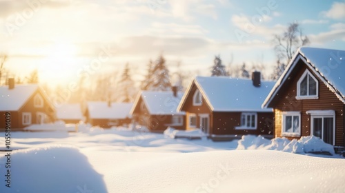 Frosty morning with sunlight sparkling on snowcovered rooftops, festive decorations visible in windows