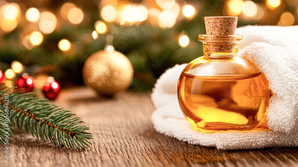 A bottle of oil is on a table next to a Christmas tree A bottle of oil is on a table next to a Christmas tree