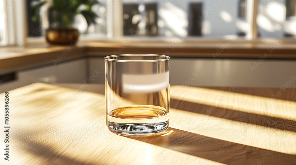 Minimal glass tumbler mockup with blank label, placed on a wooden countertop with natural lighting Minimal glass tumbler mockup with blank label, placed on a wooden countertop with natural lighting
