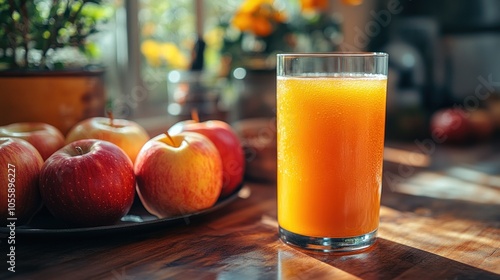 A glass of fresh apple juice on a table with apples in the background.