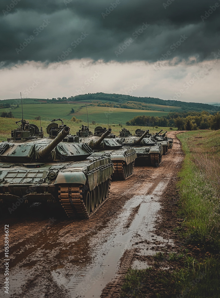 Naklejka premium A line of tanks are driving down a dirt road. The tanks are in a row and are moving in the same direction