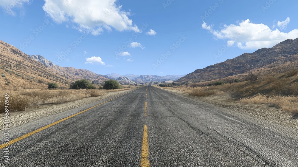 A quiet highway in the middle of nowhere, with no cars or people in sight, surrounded by barren hills A quiet highway in the middle of nowhere, with no cars or people in sight, surrounded by barren hills